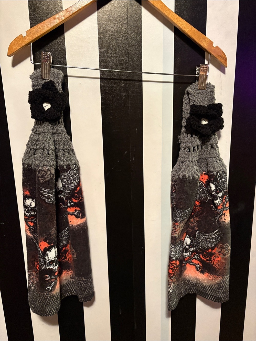 Handmade Crochet Top Skull Kitchen Towel Halloween Bikercore Man Cave Home Bar